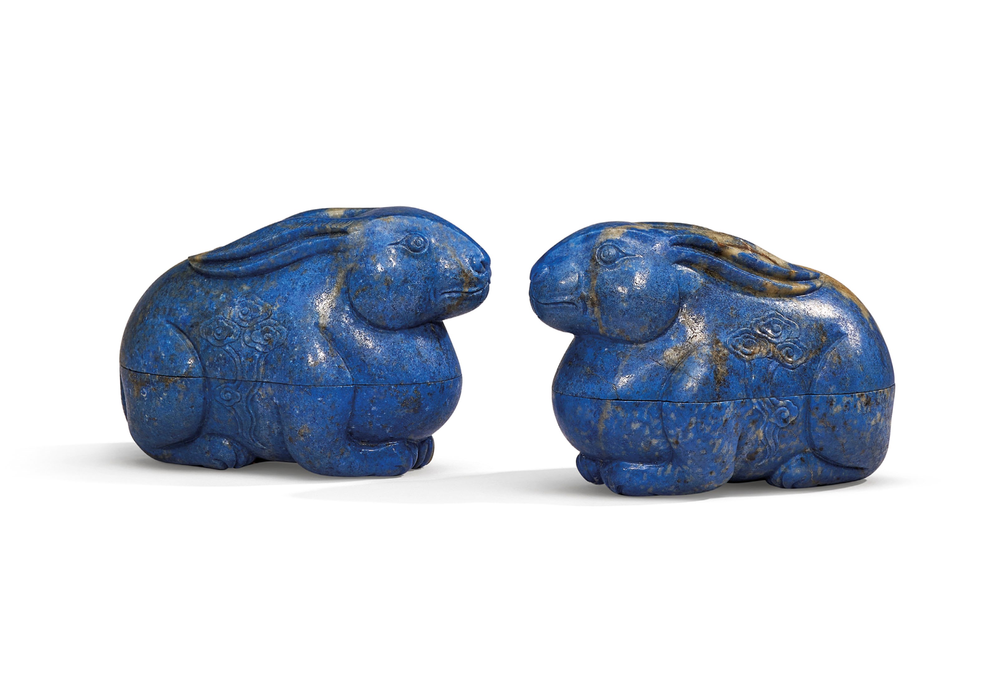 A PAIR OF LAPIS LAZULI RABBIT-FORM BOXES AND COVERS