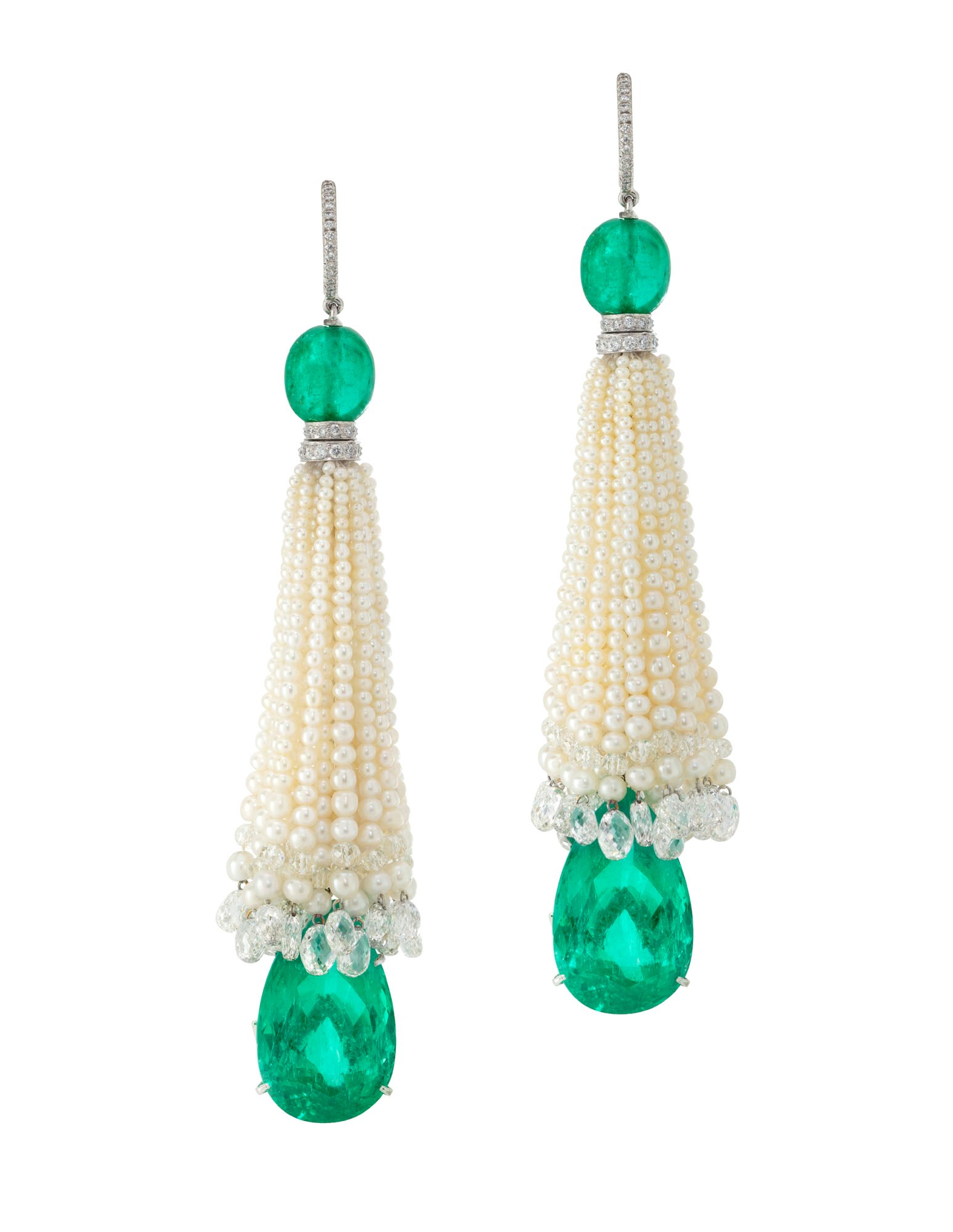 ELEGANT EMERALD, NATURAL PEARL AND DIAMOND EARRINGS, BHAGAT