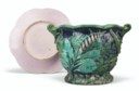 A MINTON MAJOLICA TWO-HANDLED JARDINIERE AND STAND