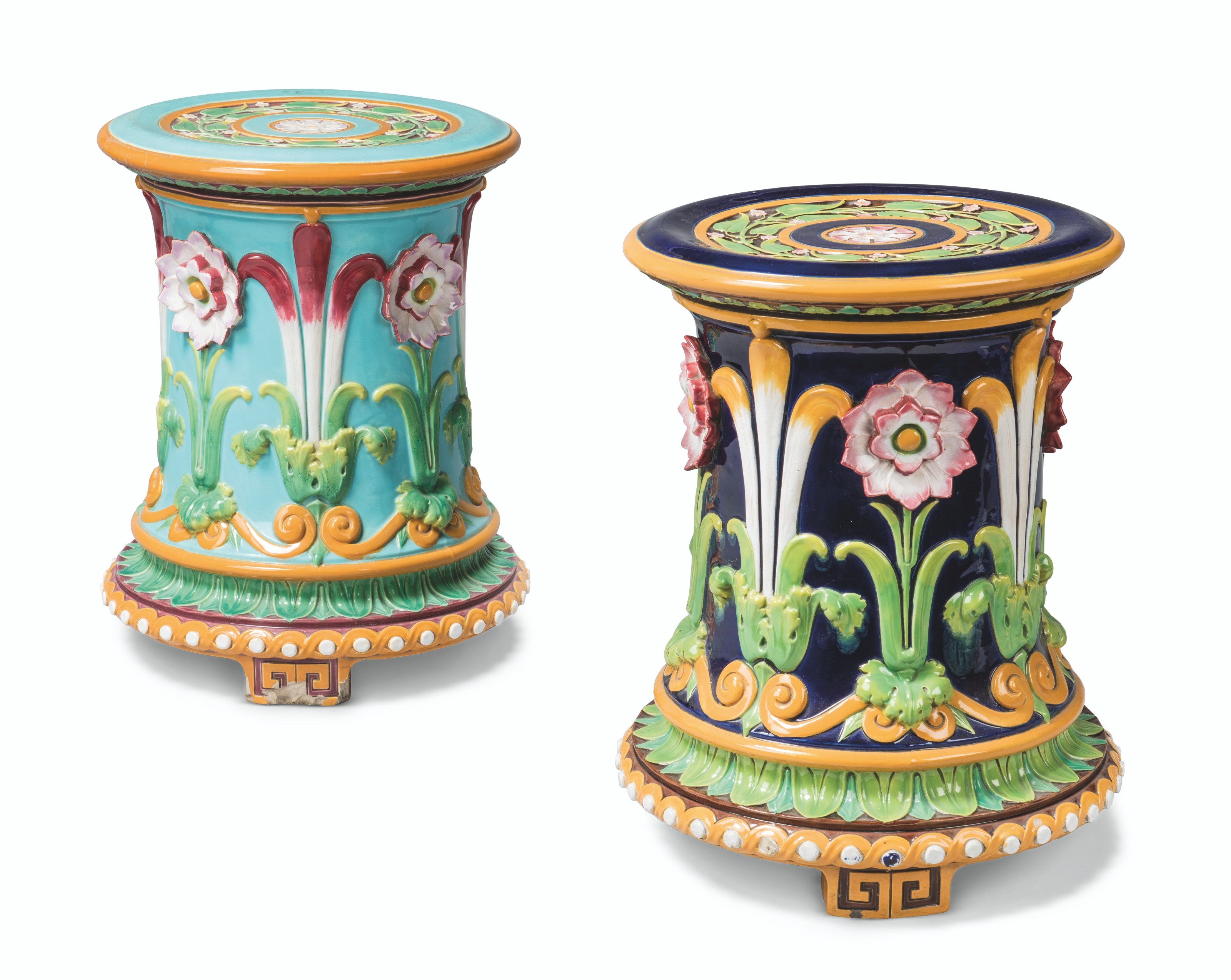 TWO MINTON MAJOLICA GARDEN SEATS