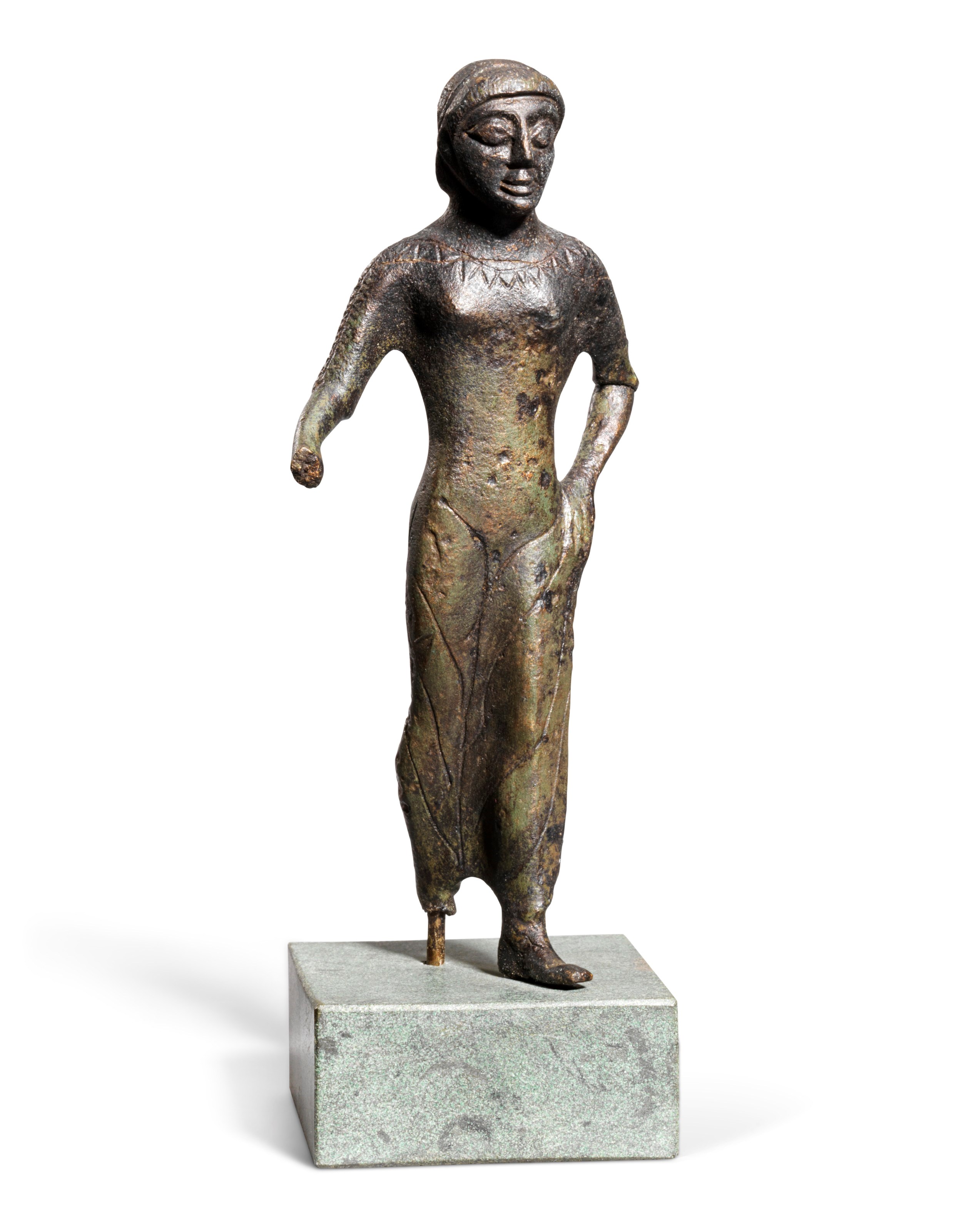 AN ETRUSCAN BRONZE VOTIVE FEMALE FIGURE