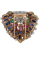 CARTIER RETRO PAIR OF DIAMOND AND MULTI-GEM 'TUTTI FRUTTI' CLIP-BROOCHES
