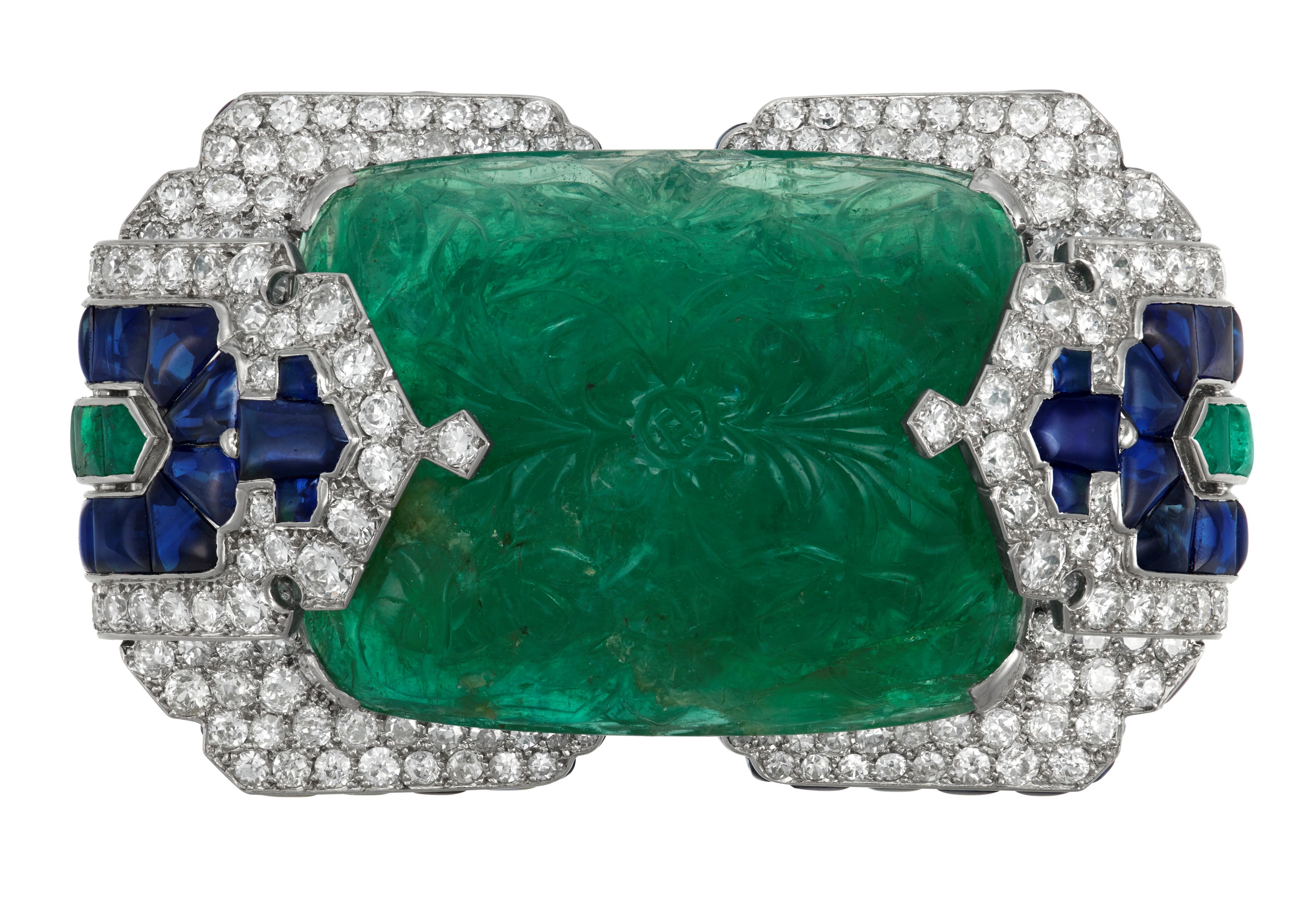 A MAGNIFICENT CARTIER ART DECO EMERALD, SAPPHIRE AND DIAMOND BROOCH