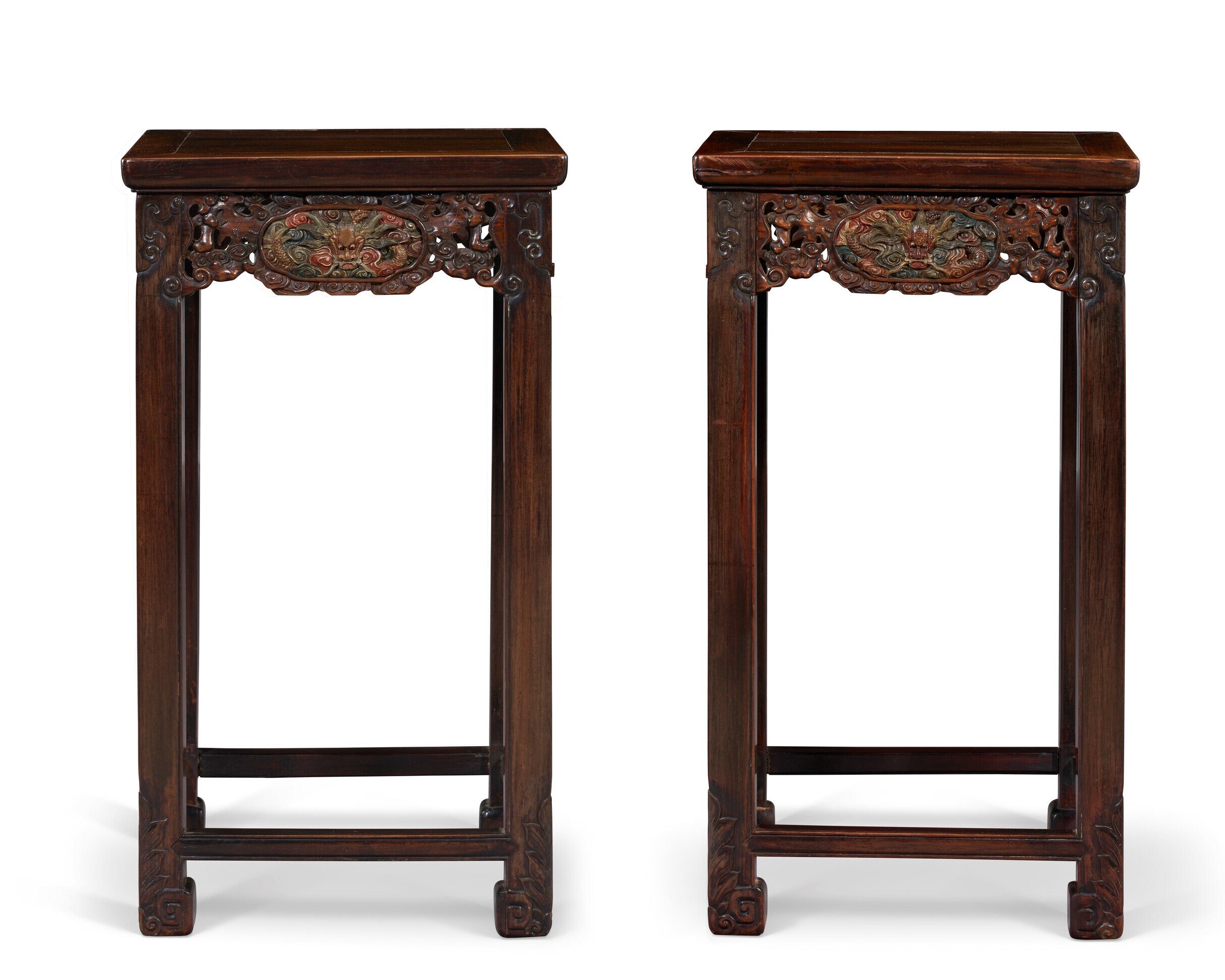 A PAIR OF POLYCHROME, GILT-DECORATED AND CARVED HONGMU INCENSE STANDS