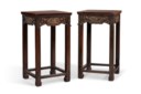 A PAIR OF POLYCHROME, GILT-DECORATED AND CARVED HONGMU INCENSE STANDS