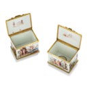 TWO GEORGE III GILT-METAL-MOUNTED PAINTED-ENAMEL CADDIES