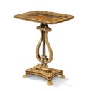 A REGENCY EBONISED AND PENWORK OCCASIONAL TABLE