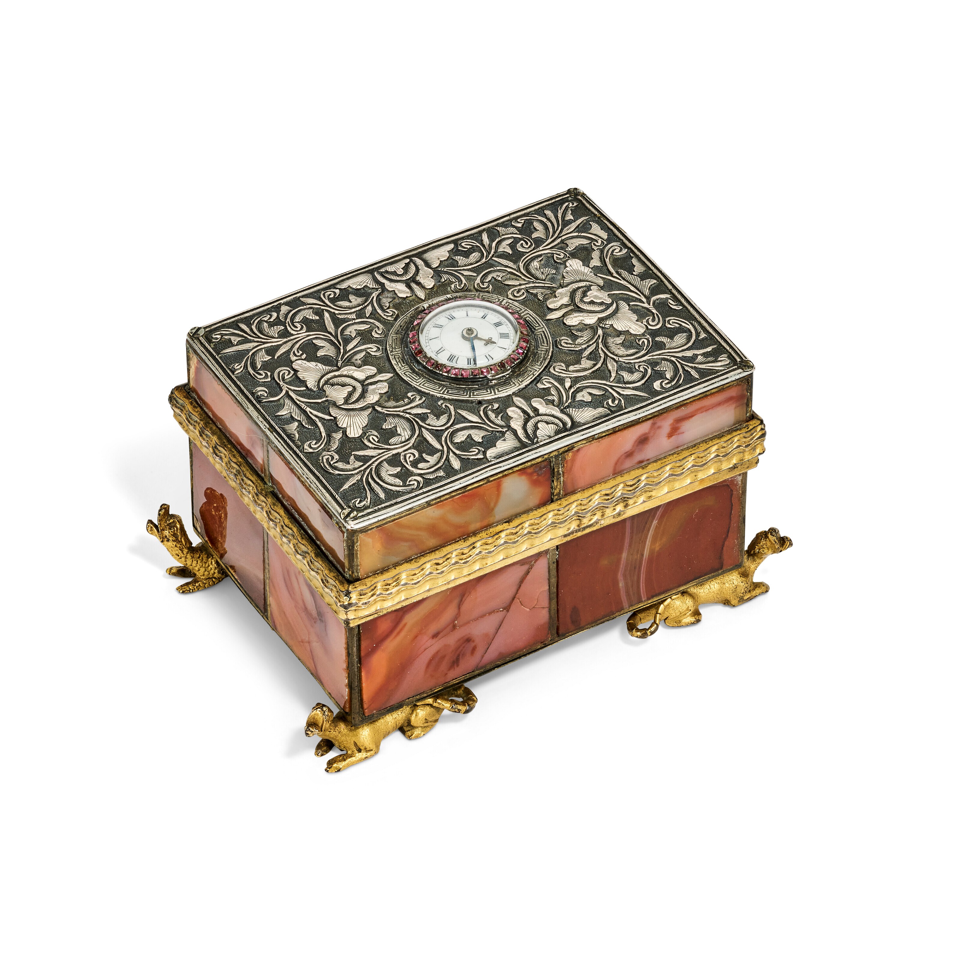A GEORGE III SILVER AND ORMOLU-MOUNTED AGATE CASKET WITH TIMEPIECE
