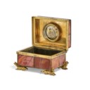 A GEORGE III SILVER AND ORMOLU-MOUNTED AGATE CASKET WITH TIMEPIECE