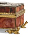 A GEORGE III SILVER AND ORMOLU-MOUNTED AGATE CASKET WITH TIMEPIECE