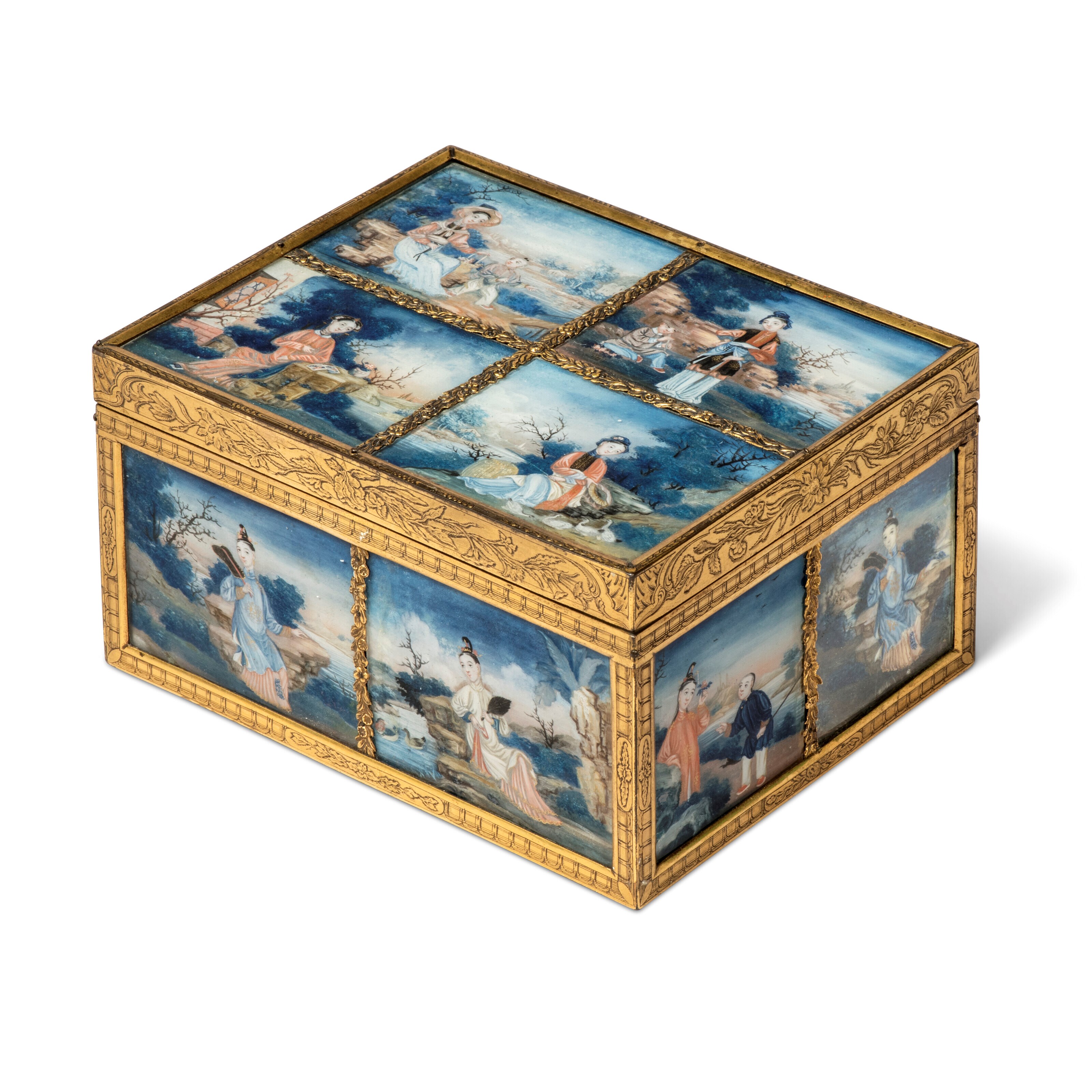 A GEORGE III ORMOLU-MOUNTED CASKET SET WITH CHINESE EXPORT REVERSE-GLASS PAINTED PANELS