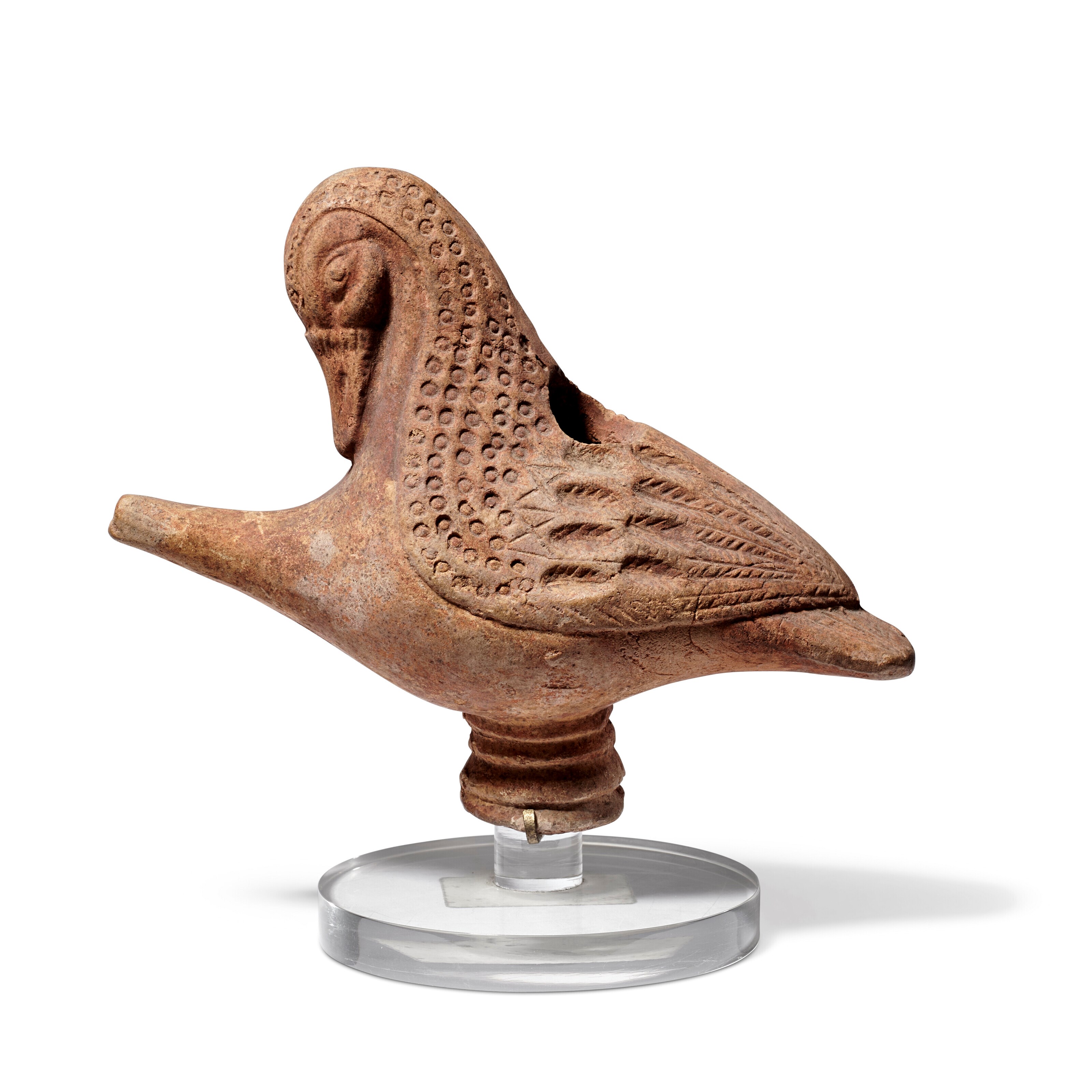 A GREEK POTTERY FIGURAL FEEDER FLASK