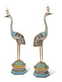 A PAIR OF MASSIVE CHINESE CLOISONNÉ AND CHAMPLEVÉ ENAMEL CRANE-FORM CENSERS