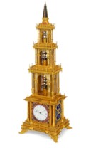A GEORGE III ORMOLU, ENAMEL AND PASTE-SET MUSICAL AND AUTOMATON TOWER CLOCK, PROBABLY MADE FOR THE CHINESE MARKET