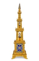 A GEORGE III ORMOLU, ENAMEL AND PASTE-SET MUSICAL AND AUTOMATON TOWER CLOCK, PROBABLY MADE FOR THE CHINESE MARKET