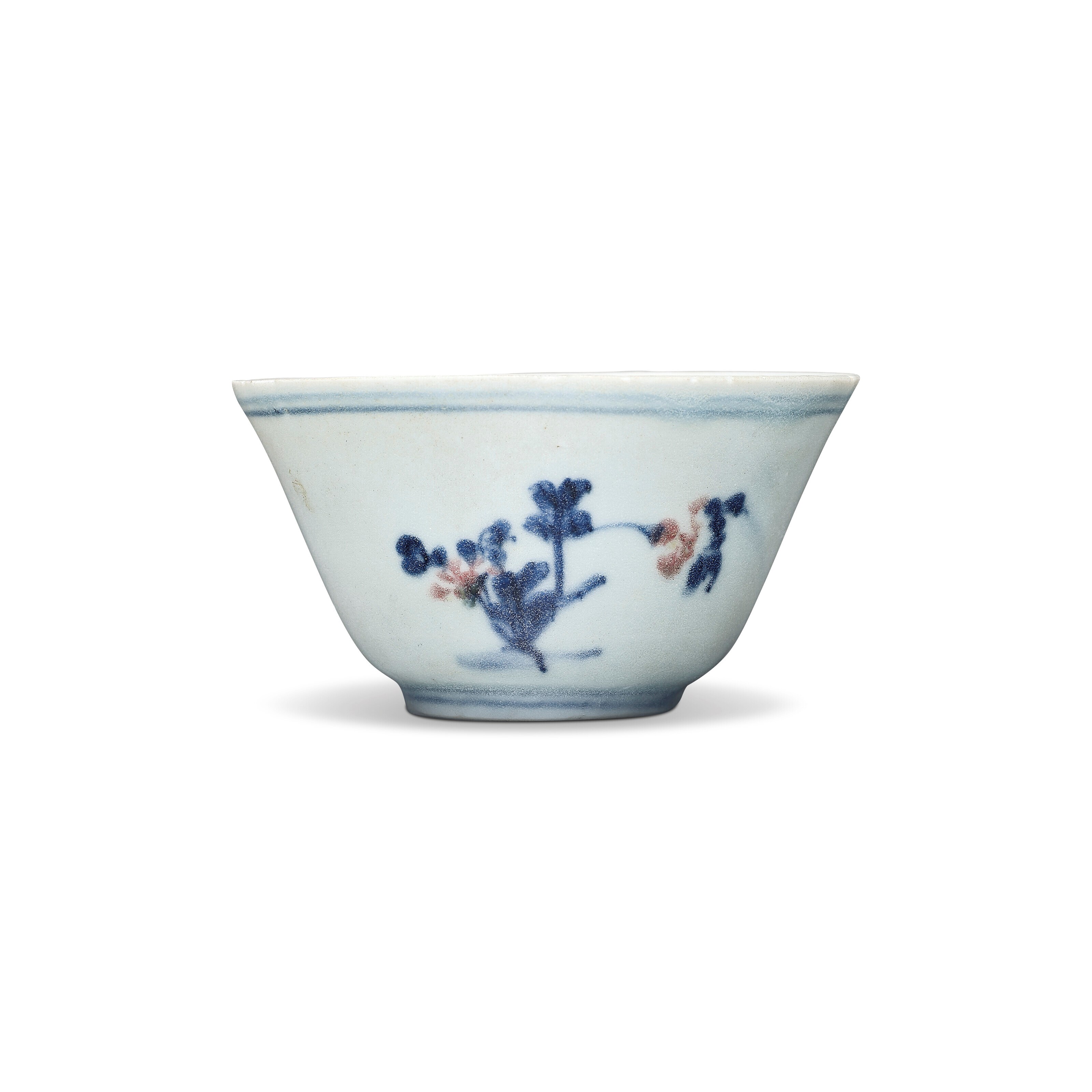 A `HATCHER CARGO’ COPPER-RED-DECORATED BLUE AND WHITE CUP
