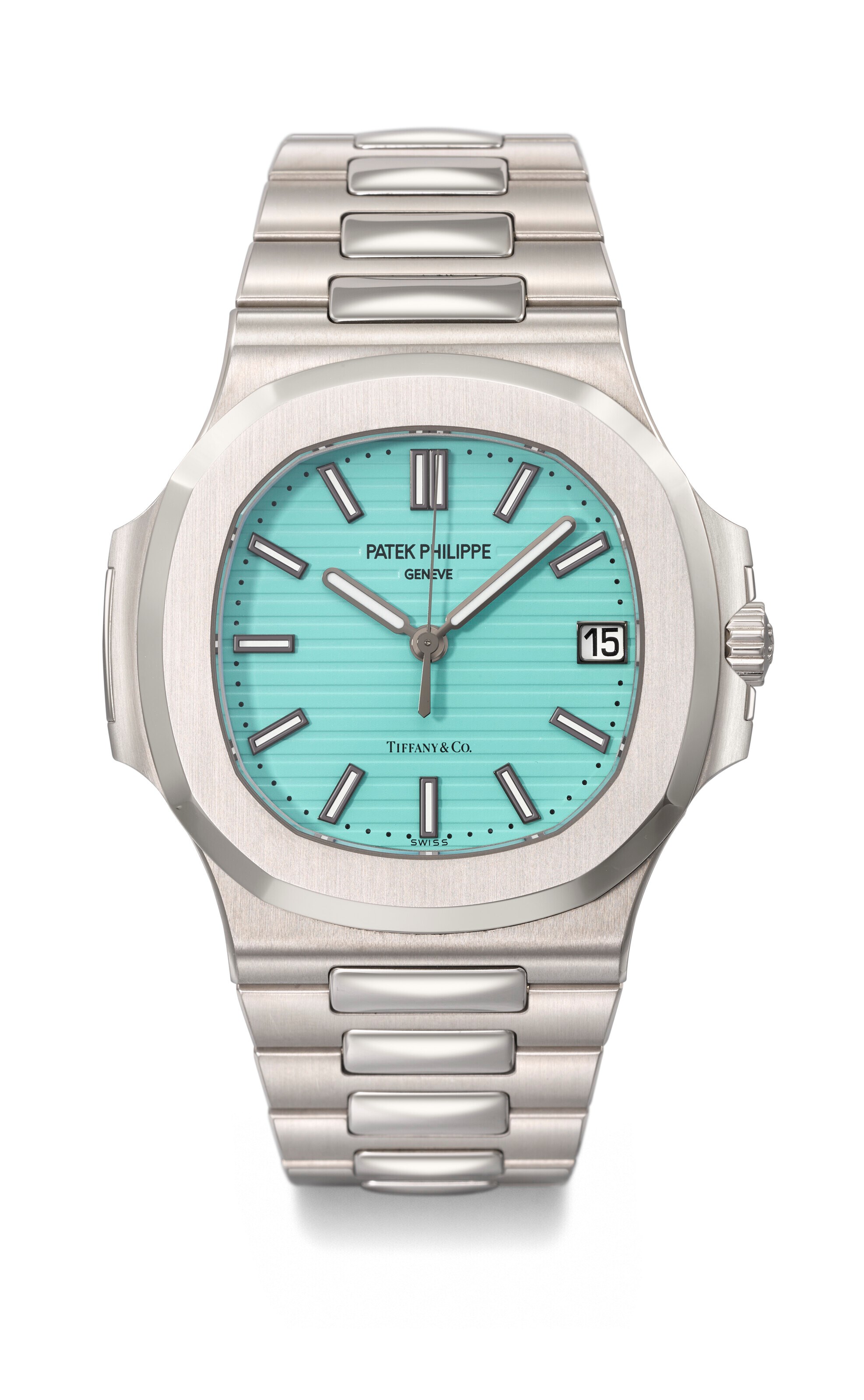 PATEK PHILIPPE. A VERY RARE AND EXTRAORDINARILY DESIRABLE STAINLESS STEEL LIMITED EDITION AUTOMATIC WRISTWATCH WITH SWEEP CENTRE SECONDS, DATE AND BRACELET, MADE TO CELEBRATE THE 170TH ANNIVERSARY OF THE PARTNERSHIP BETWEEN TIFFANY &amp; CO. AND PATEK PHILIPPE