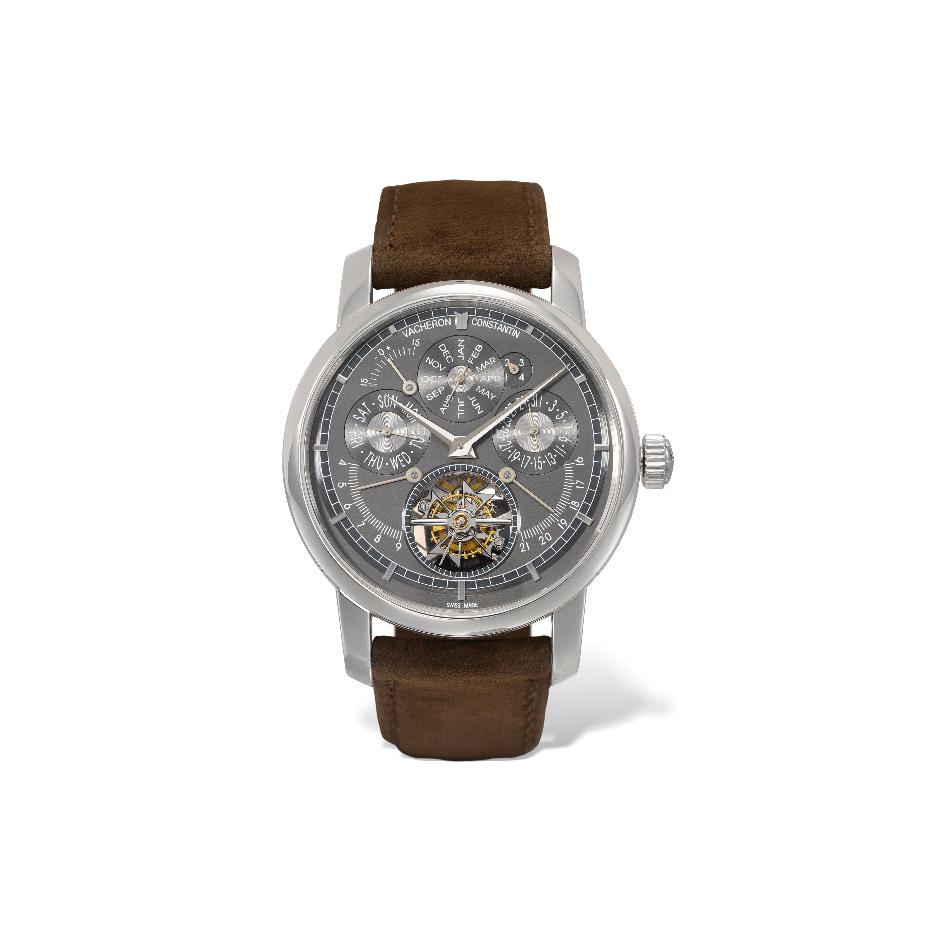VACHERON CONSTANTIN. AN EXCEPTIONAL AND EXCEEDINGLY RARE PLATINUM HIGH COMPLICATION LIMITED SERIES WRISTWATCH WITH PERPETUAL CALENDAR, ONE-MINUTE TOURBILLON, EQUATION OF TIME, TIME OF SUNRISE, TIME OF SUNSET INDICATIONS AND POWER RESERVE
