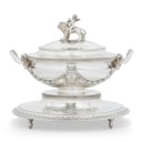 A PAIR OF GEORGE III SILVER SOUP TUREENS, COVERS, LINERS AND STANDS