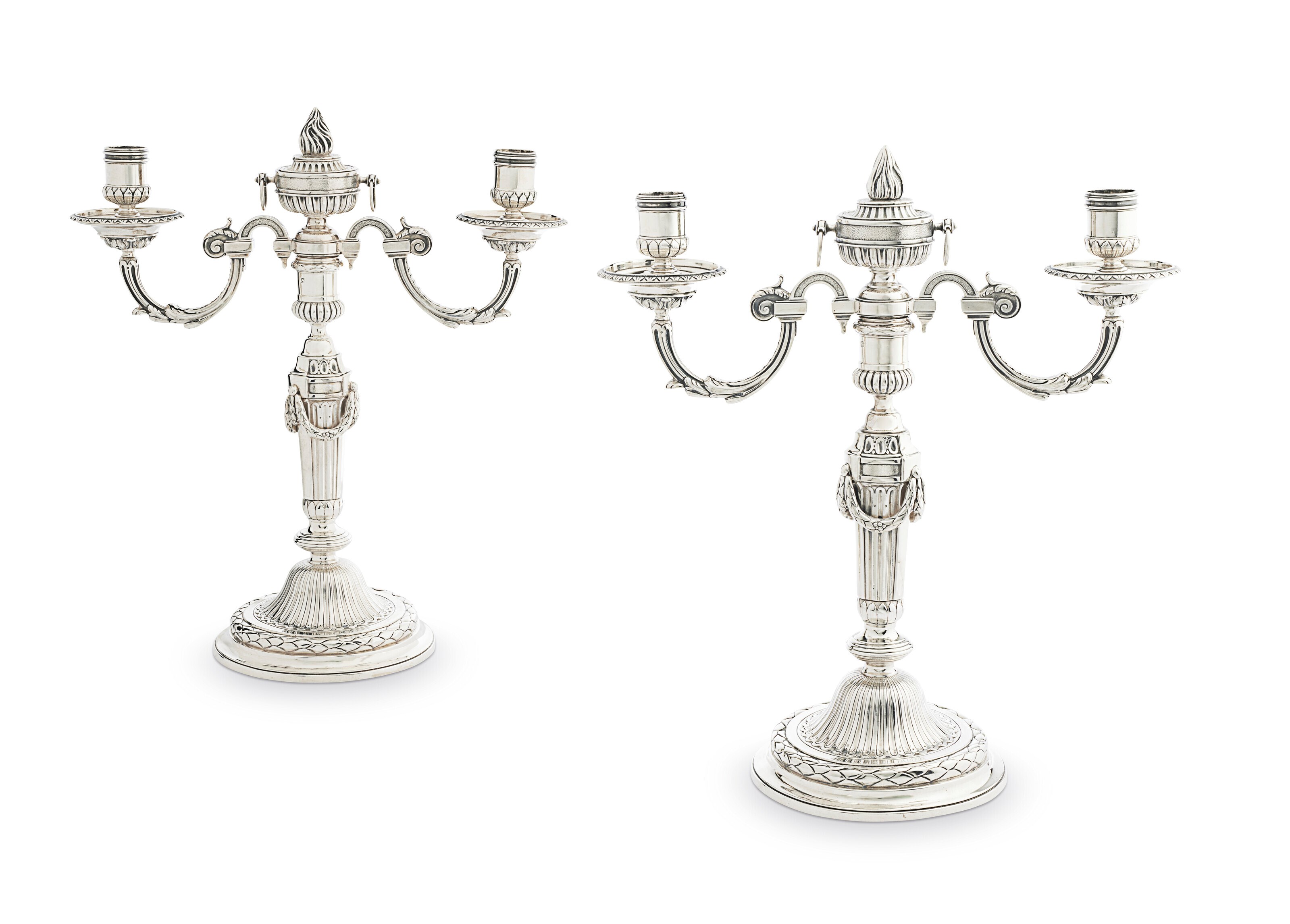 A PAIR OF GEORGE III SILVER TWO-LIGHT CANDELABRA