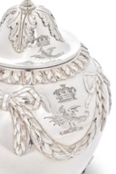 A PAIR OF GEORGE III SILVER TEA CADDIES AND MATCHING SUGAR VASE IN MAHOGANY CASE