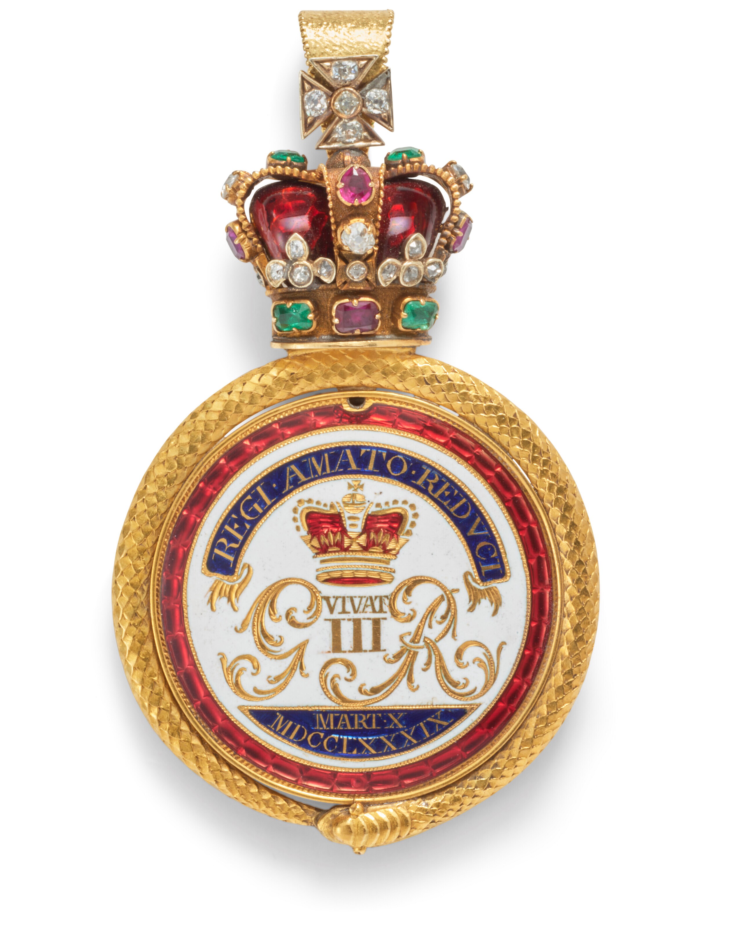 A GEORGE III JEWELLED AND ENAMEL GOLD 'RECOVERY FROM ILLNESS' MEDALLION CONVERTED INTO A LOCKET PENDANT