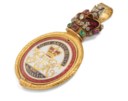 A GEORGE III JEWELLED AND ENAMEL GOLD 'RECOVERY FROM ILLNESS' MEDALLION CONVERTED INTO A LOCKET PENDANT