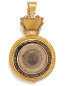A GEORGE III JEWELLED AND ENAMEL GOLD 'RECOVERY FROM ILLNESS' MEDALLION CONVERTED INTO A LOCKET PENDANT