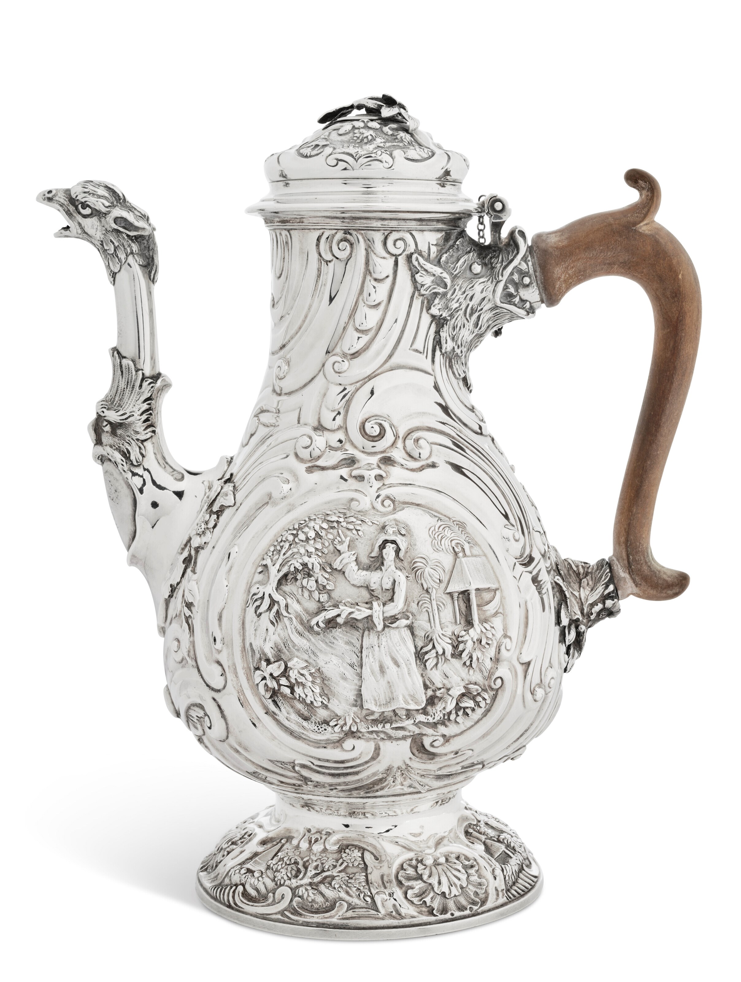 A GEORGE II SILVER CHINOISERIE CHOCOLATE POT