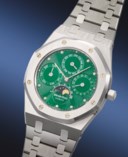 AUDEMARS PIGUET. A POSSIBLY UNIQUE AND HIGHLY ATTRACTIVE STAINLESS STEEL AUTOMATIC PERPETUAL CALENDAR WRISTWATCH WITH MOON PHASES, EMERALD GREEN DIAL AND BRACELET