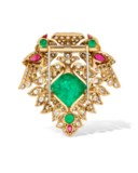 EMERALD, RUBY AND DIAMOND LOVE BIRDS CLIP-BROOCH