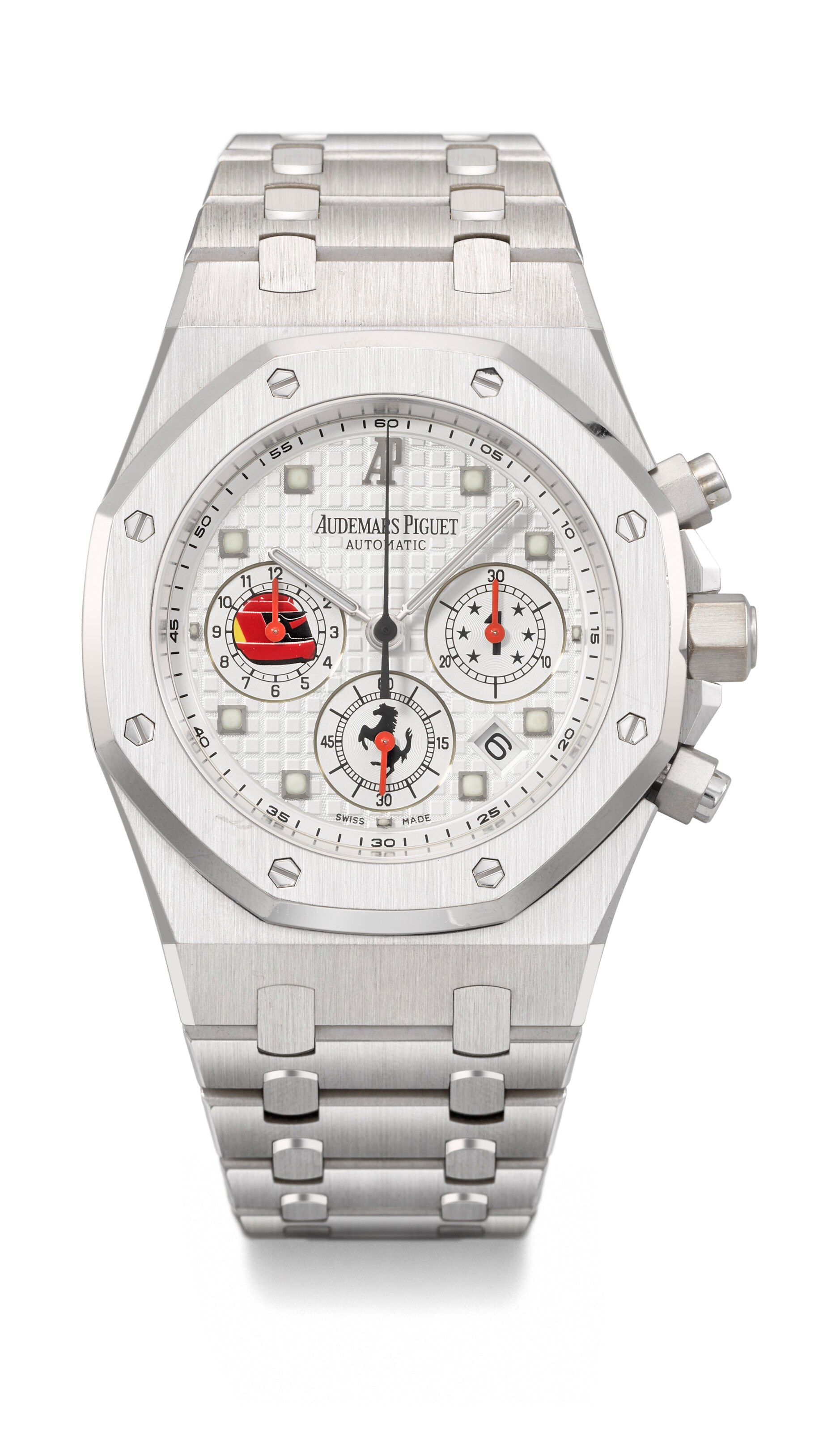 AUDEMARS PIGUET. A UNIQUE, IMPORTANT AND HISTORIC 18K WHITE GOLD AUTOMATIC CHRONOGRAPH WRISTWATCH WITH DATE, SPECIAL COMMISSION DIAL AND BRACELET
