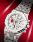 AUDEMARS PIGUET. A UNIQUE, IMPORTANT AND HISTORIC 18K WHITE GOLD AUTOMATIC CHRONOGRAPH WRISTWATCH WITH DATE, SPECIAL COMMISSION DIAL AND BRACELET