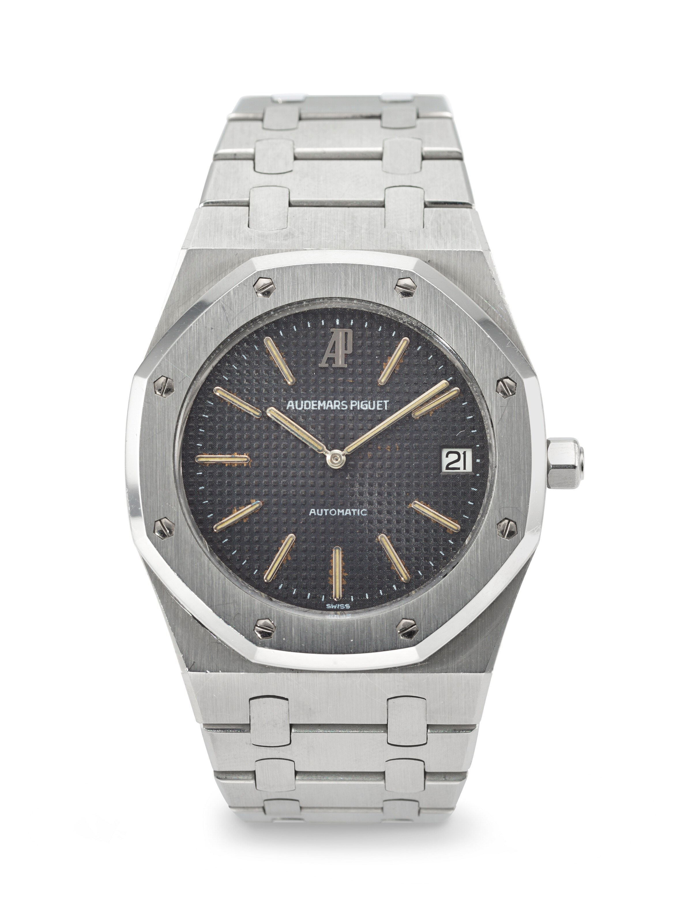 AUDEMARS PIGUET. A RARE AND ATTRACTIVE STAINLESS STEEL AUTOMATIC WRISTWATCH WITH DATE AND BRACELET