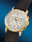 PATEK PHILIPPE. A RARE AND ATTRACTIVE 18K GOLD CHRONOGRAPH WRISTWATCH WITH 'SPIDER LUGS'