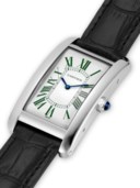 CARTIER. AN EXTREMELY RARE AND ATTRACTIVE PLATINUM LIMITED EDITION WRISTWATCH WITH DARK GREEN ROMAN NUMERALS, MADE FOR THE ITALIAN MARKET