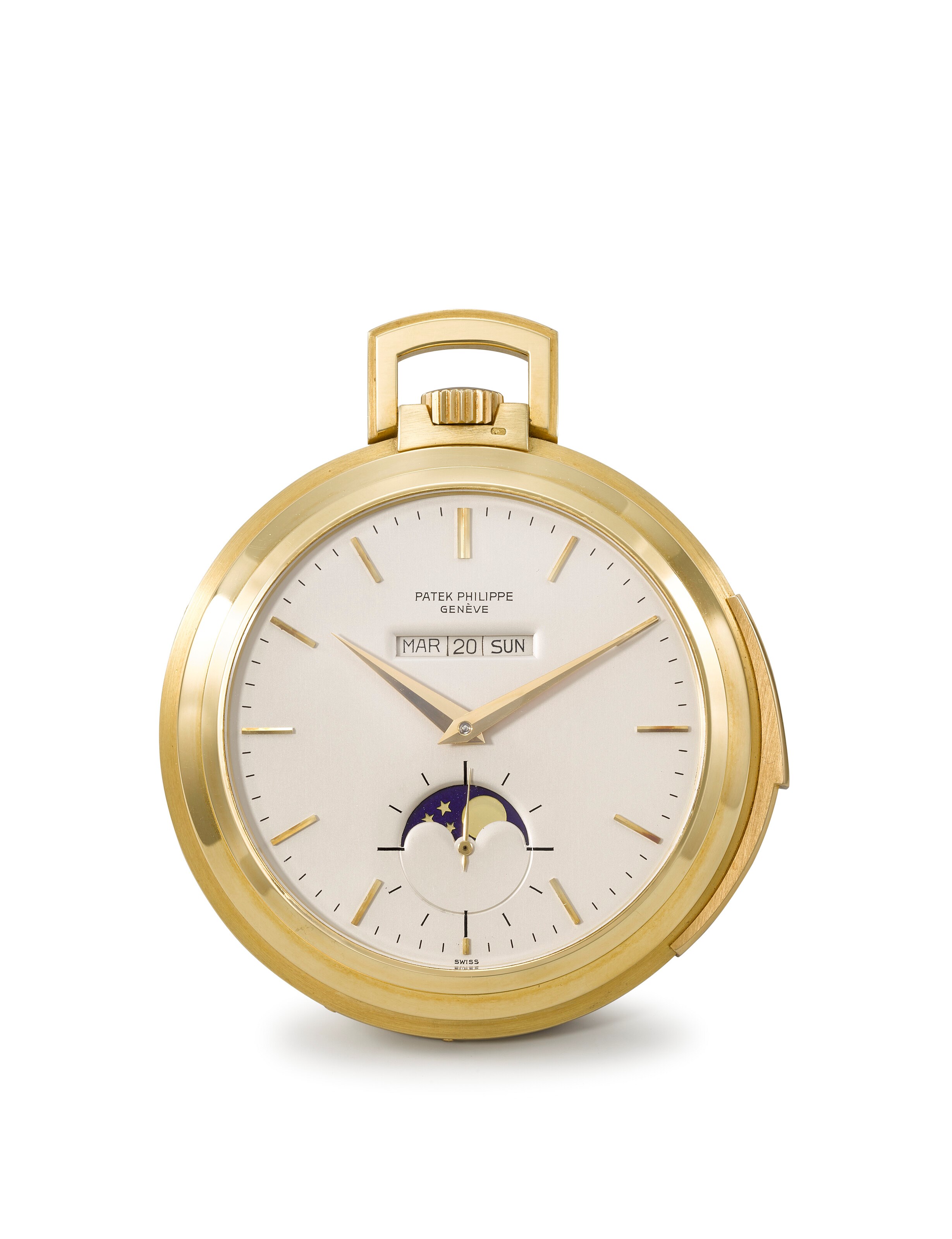 PATEK PHILIPPE. AN EXTREMELY RARE AND ATTRACTIVE 18K GOLD OPENFACE MINUTE REPEATING PERPETUAL CALENDAR KEYLESS LEVER WATCH WITH MOON PHASES