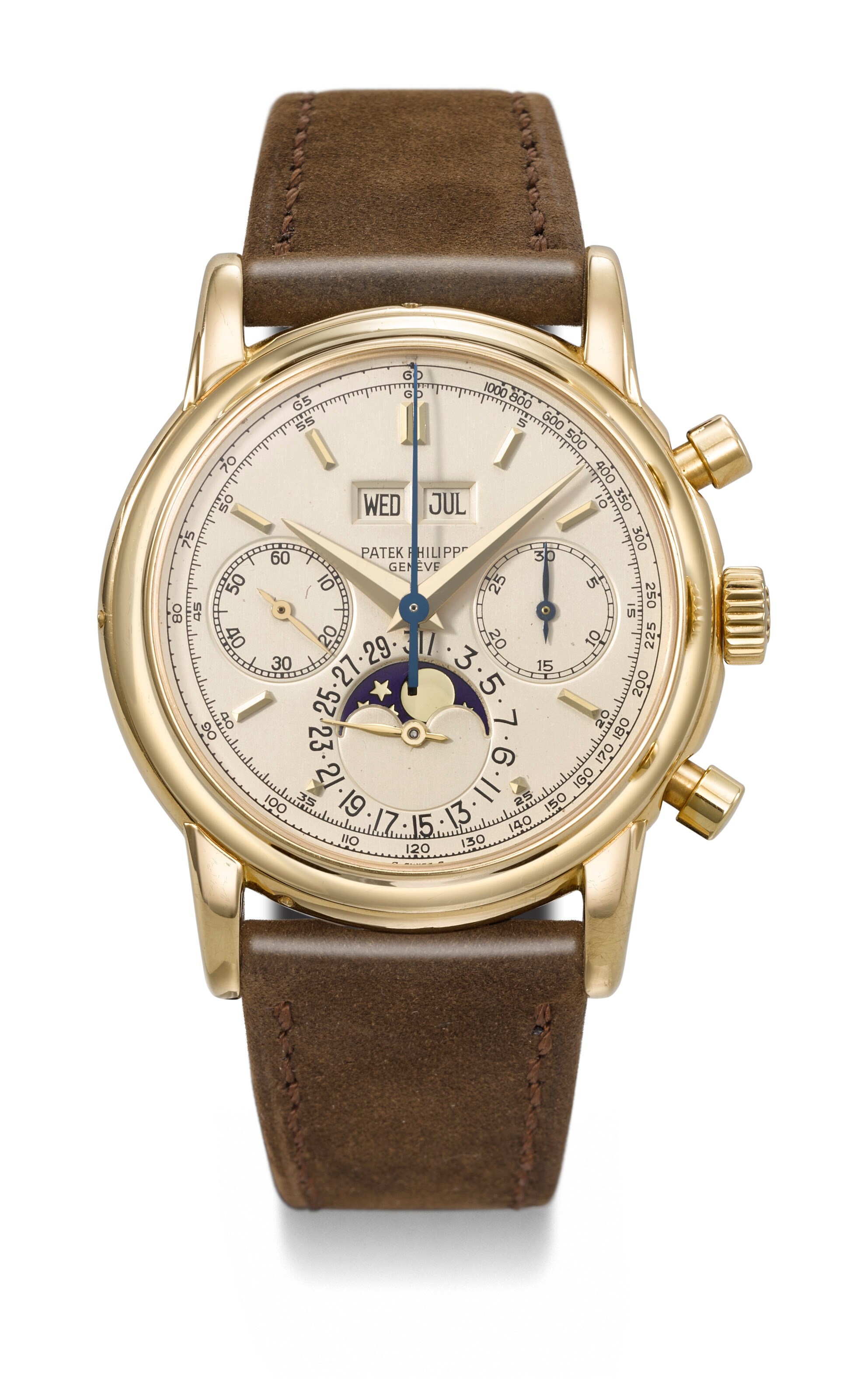 PATEK PHILIPPE. AN EXCEEDINGLY RARE, HIGHLY IMPORTANT AND PREVIOUSLY UNRECORDED 18K GOLD PERPETUAL CALENDAR CHRONOGRAPH WRISTWATCH WITH MOON PHASES AND TACHYMETER SCALE DIAL