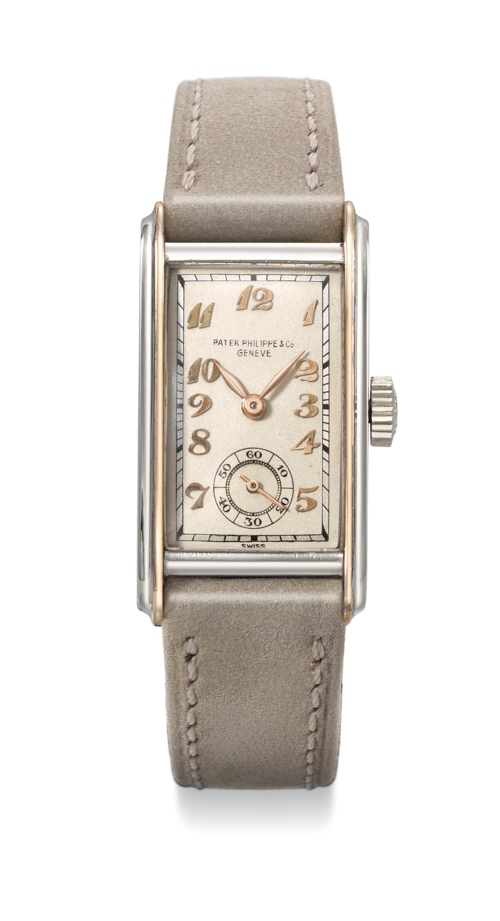 PATEK PHILIPPE. AN EXTREMELY RARE, EARLY AND ELEGANT STAINLESS STEEL AND 18K PINK GOLD RECTANGULAR WRISTWATCH WITH BREGUET NUMERALS