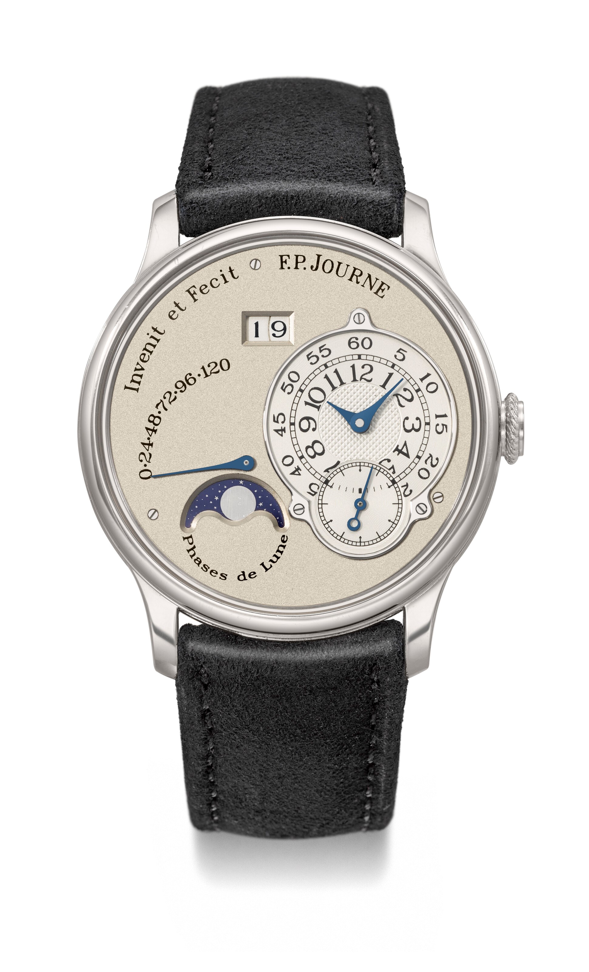 F.P. JOURNE. A RARE AND ATTRACTIVE PLATINUM AUTOMATIC WRISTWATCH WITH BRASS MOVEMENT, MOON PHASES, DATE AND POWER RESERVE