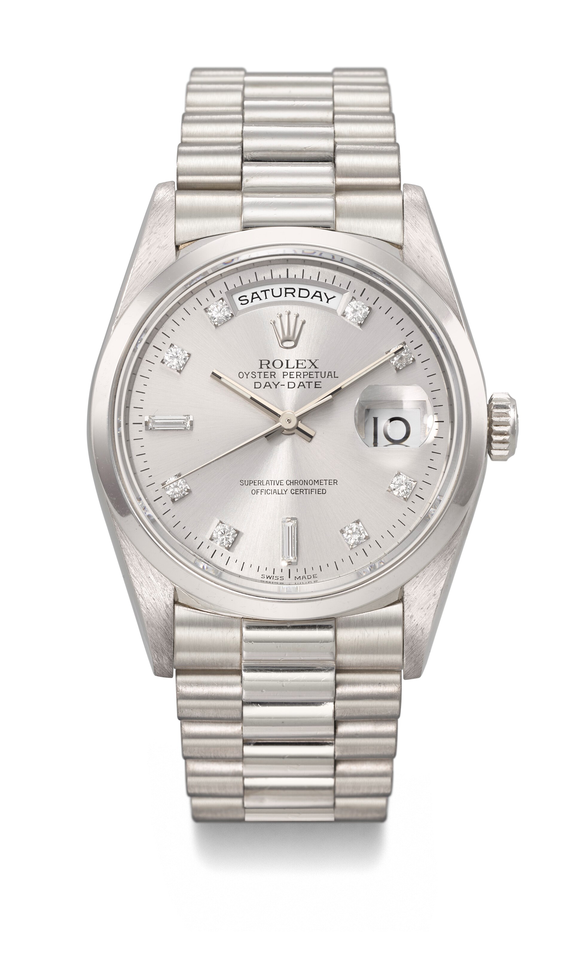 ROLEX. A RARE AND HEAVY PLATINUM AND DIAMOND-SET AUTOMATIC WRISTWATCH WITH SWEEP CENTRE SECONDS, DAY, DATE AND BRACELET