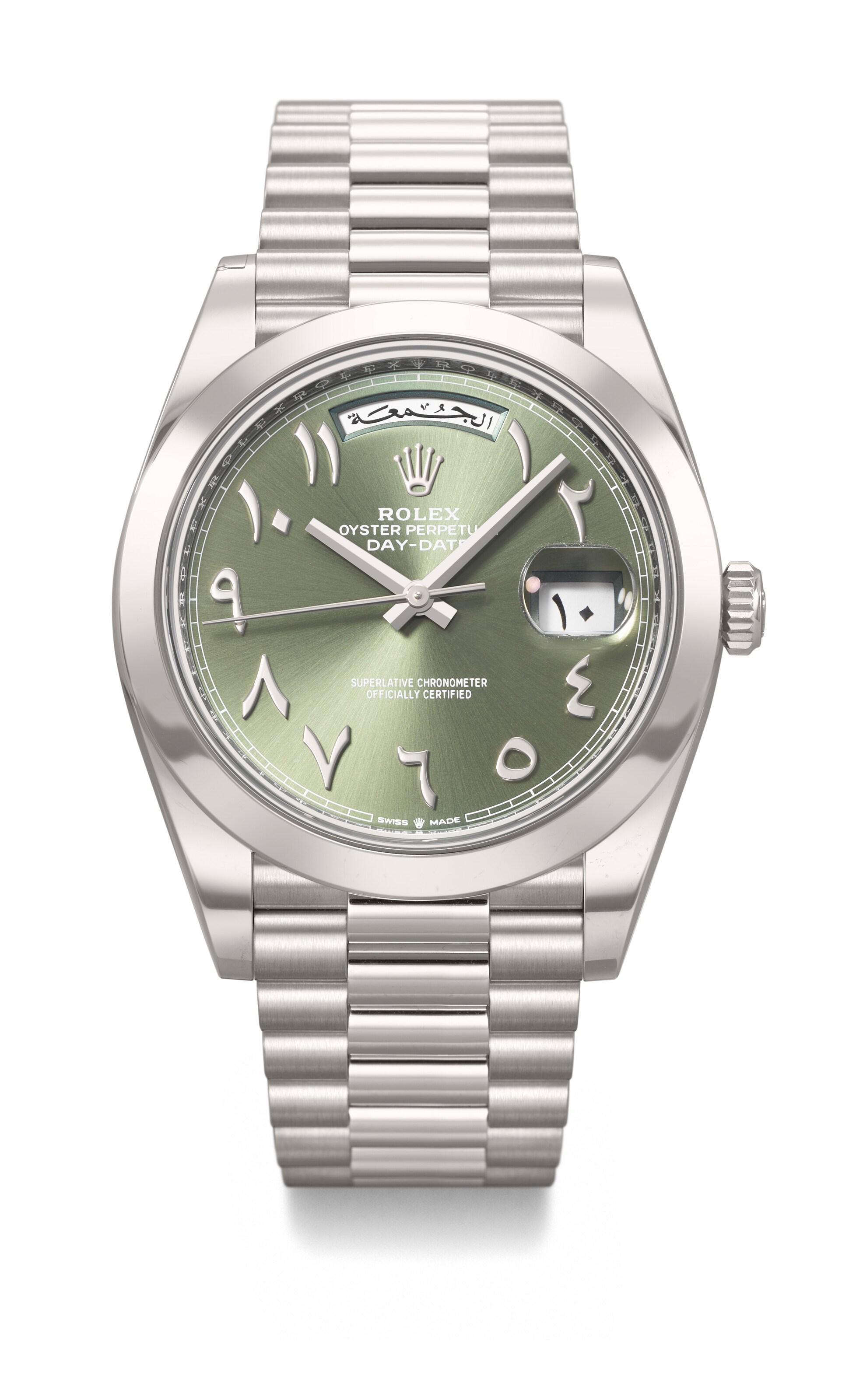 ROLEX. AN EXTREMELY RARE AND HEAVY PLATINUM AUTOMATIC WRISTWATCH WITH SWEEP CENTRE SECONDS, ARABIC CALENDAR, EASTERN ARABIC NUMERALS AND BRACELET