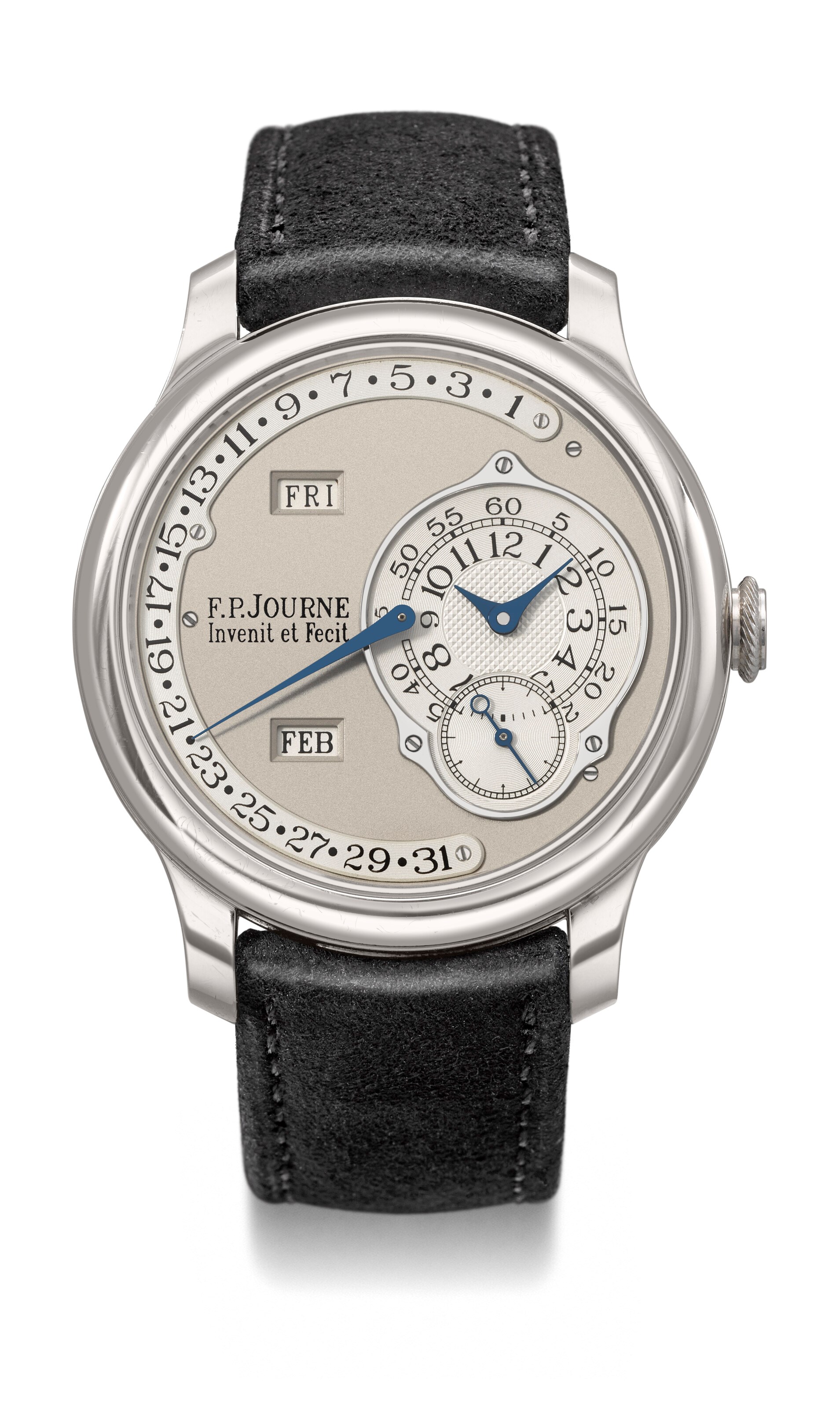 F. P. JOURNE. A RARE AND COVETED PLATINUM AUTOMATIC ANNUAL CALENDAR WRISTWATCH WITH RETROGRADE DATE