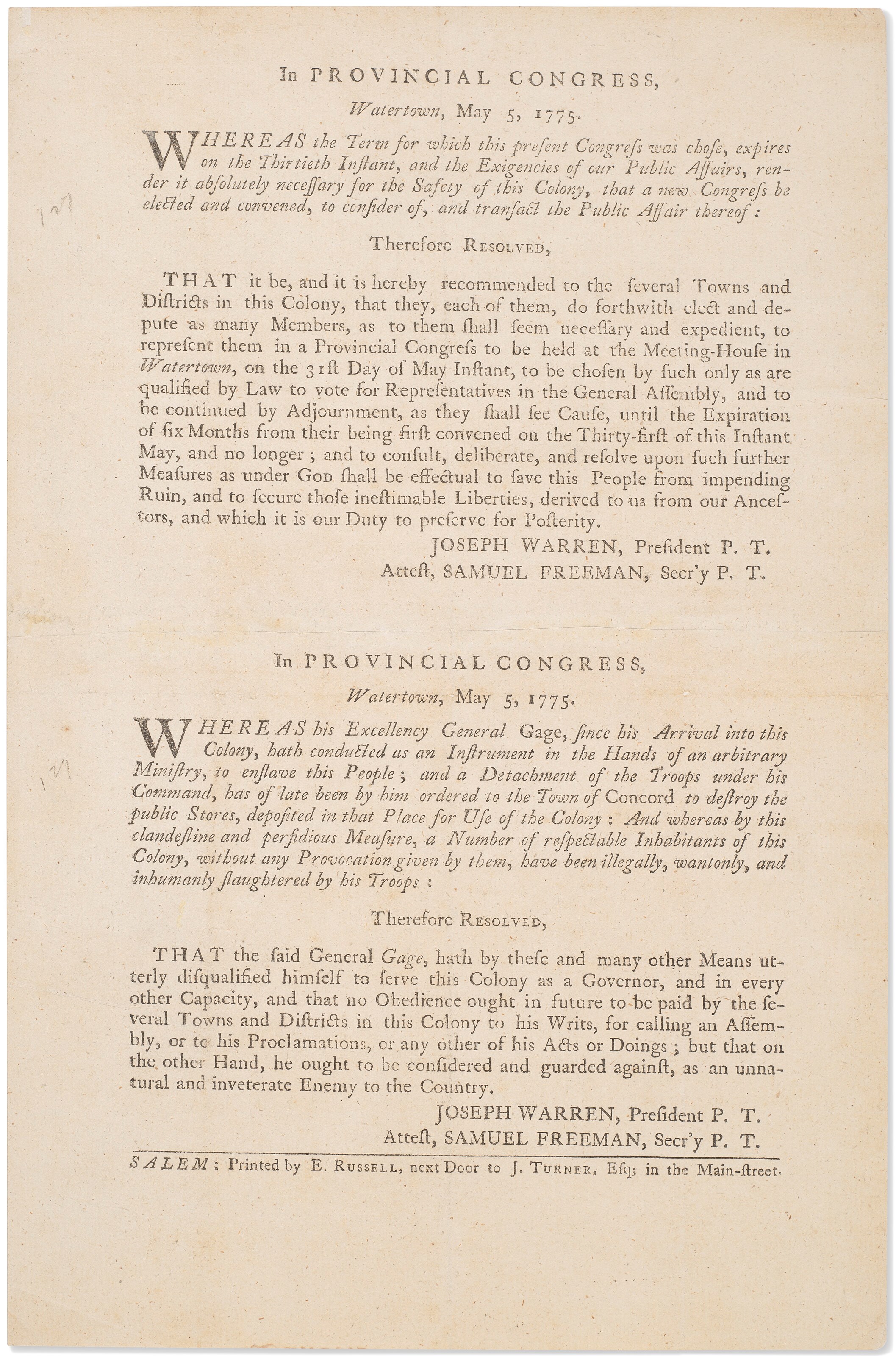 Voting to remove General Gage as Royal Governor