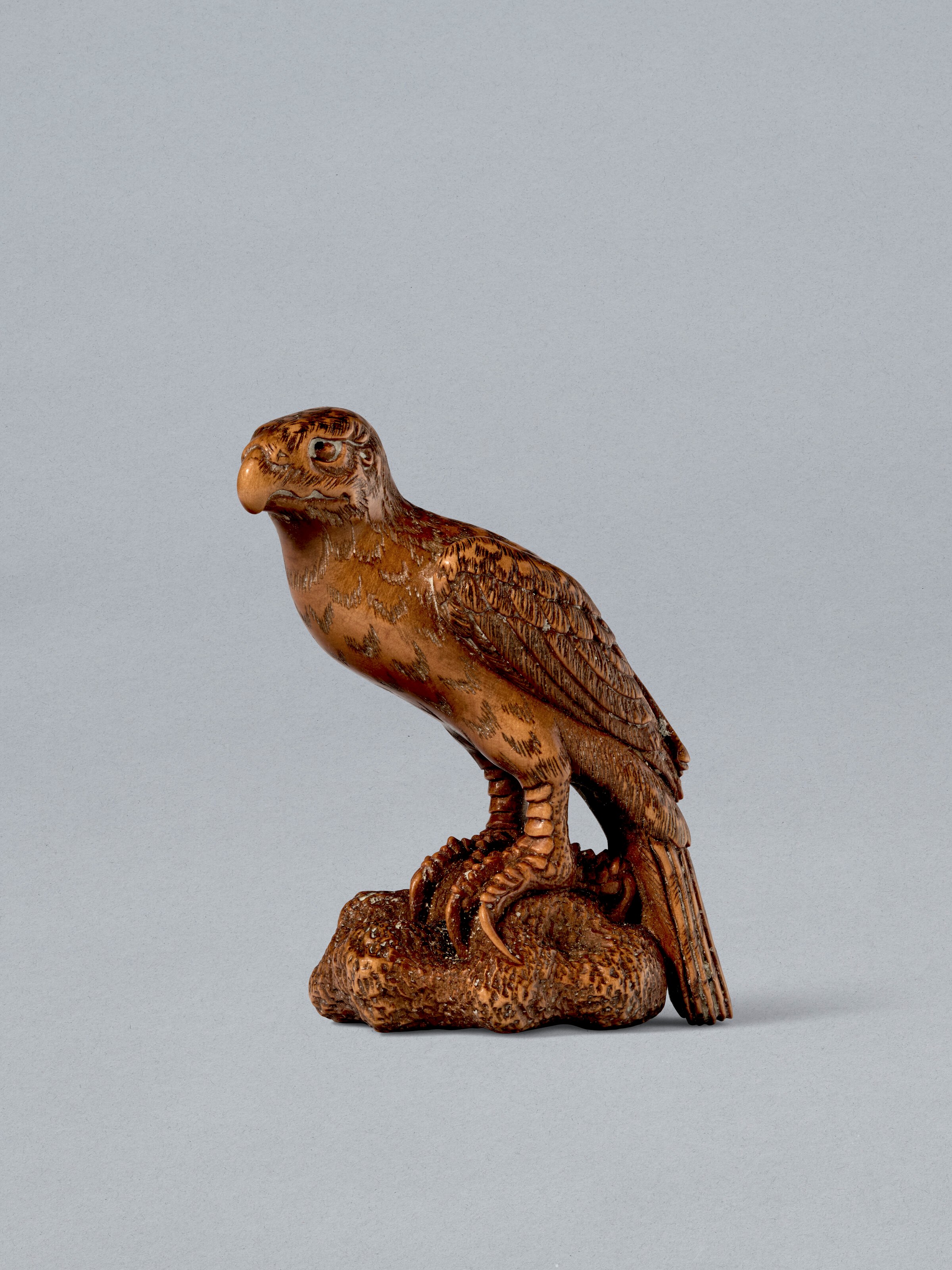 A CARVED WOOD NETSUKE OF A HAWK PERCHED ON A ROCK