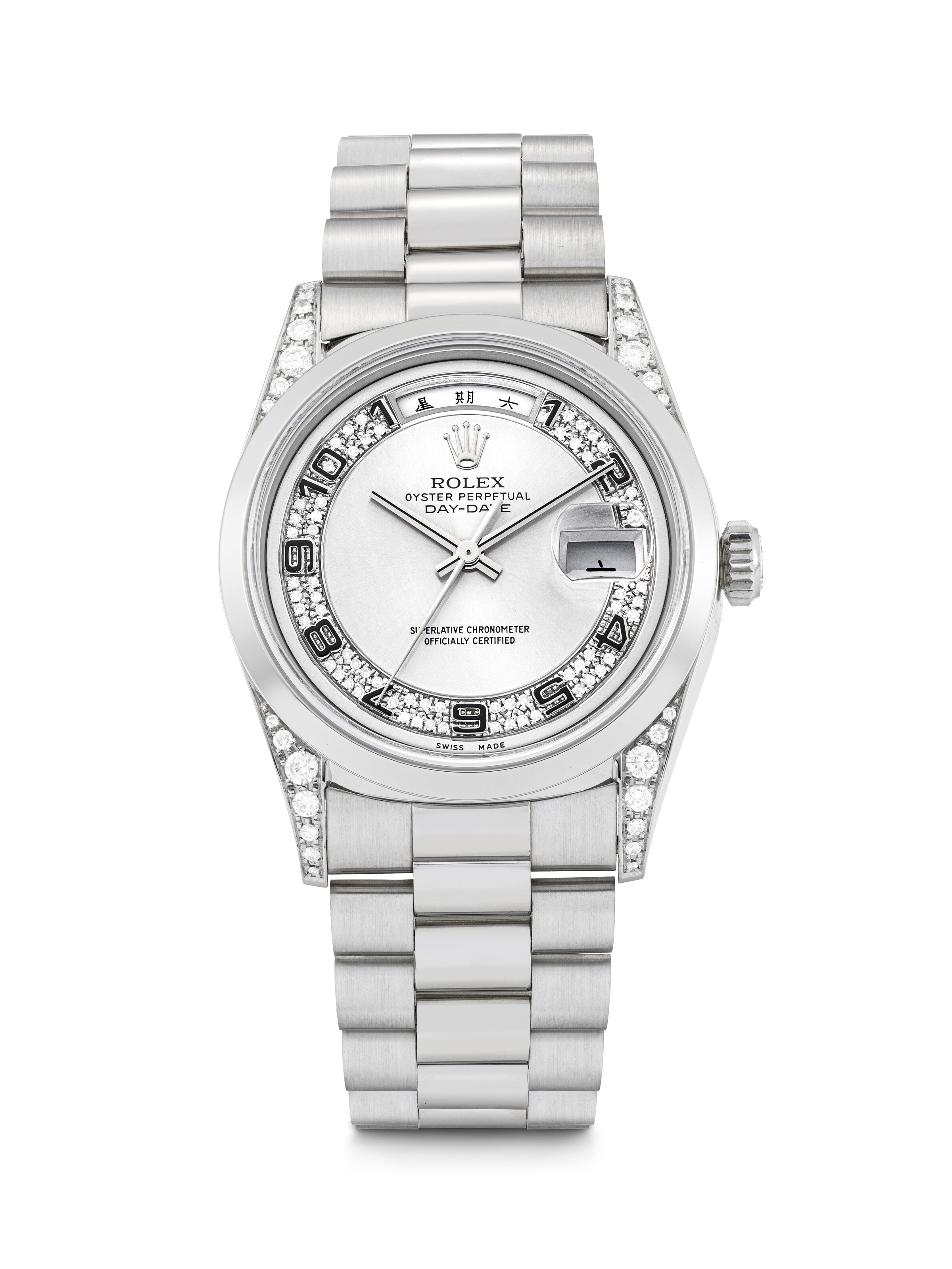 ROLEX. AN ATTRACTIVE PLATINUM AND DIAMOND-SET AUTOMATIC BRACELET WATCH WITH SWEEP CENTRE SECONDS, CHINESE DAY AND DATE
