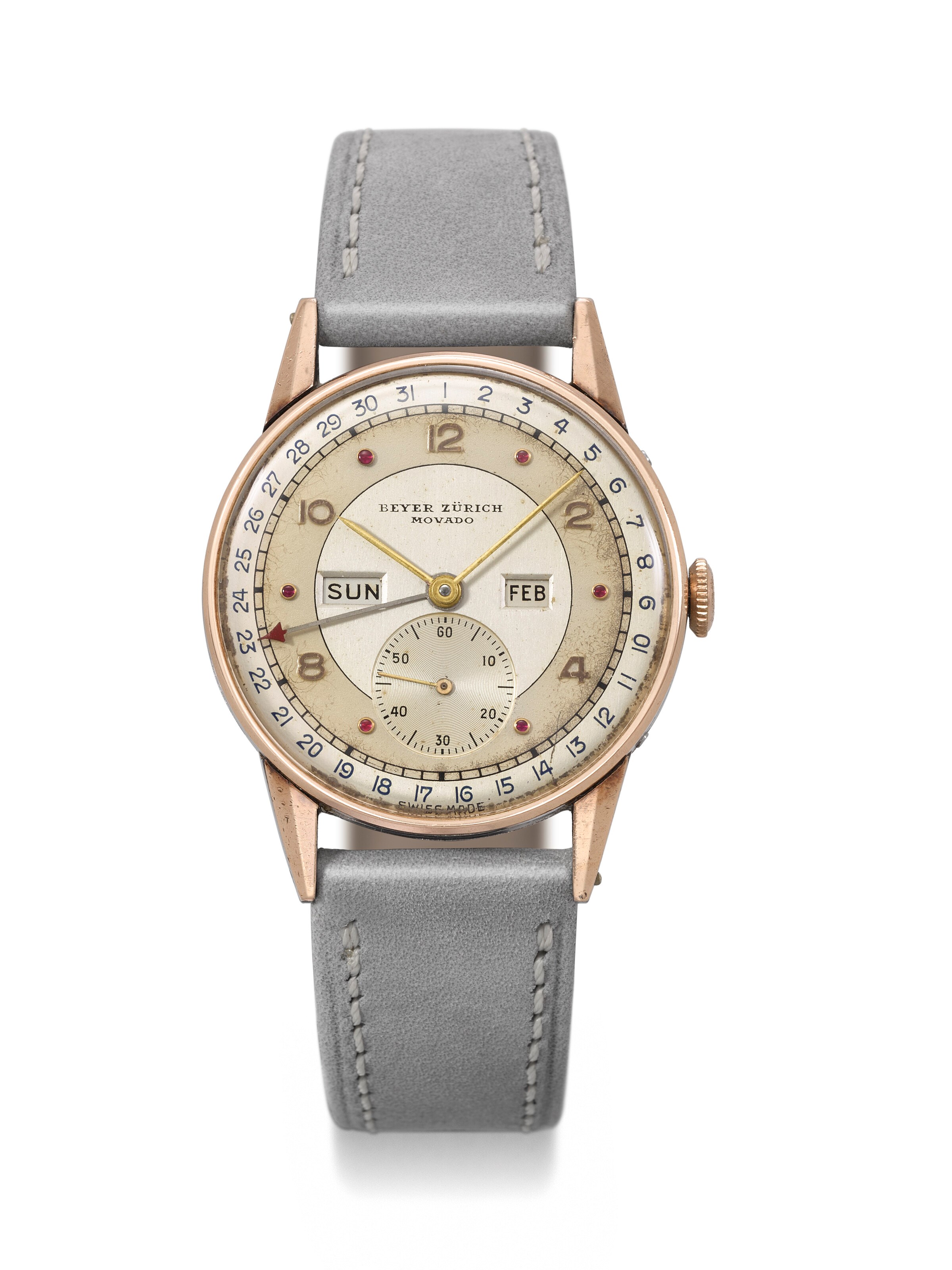 MOVADO. A VERY RARE AND HIGHLY ATTRACTIVE STAINLESS STEEL AND PINK GOLD TRIPLE DATE CALENDAR WRISTWATCH WITH TWO-TONE DIAL