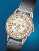 MOVADO. A VERY RARE AND HIGHLY ATTRACTIVE STAINLESS STEEL AND PINK GOLD TRIPLE DATE CALENDAR WRISTWATCH WITH TWO-TONE DIAL