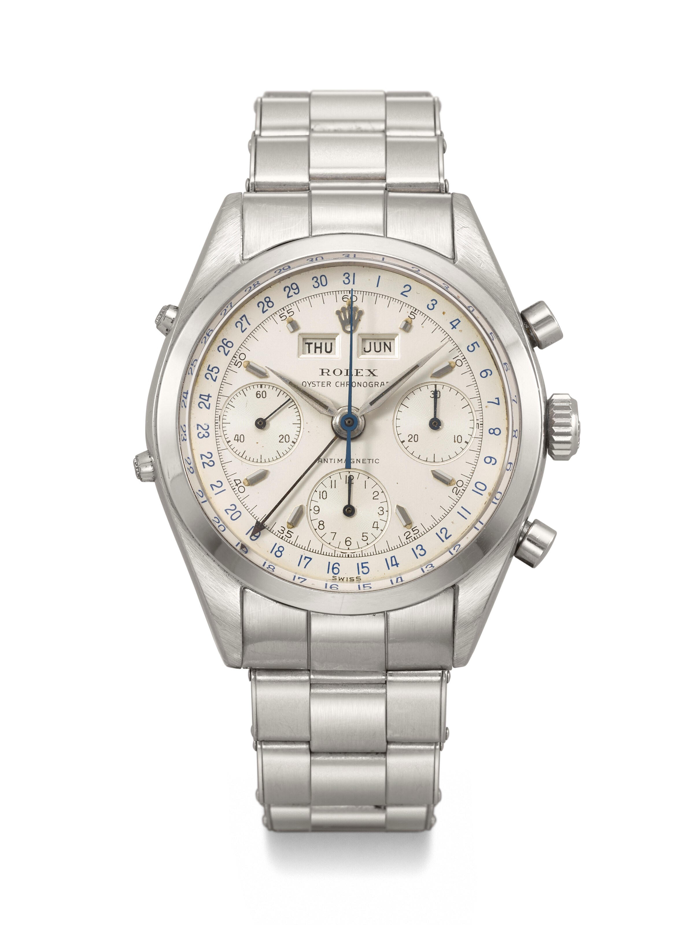 ROLEX. AN EXTREMELY RARE AND WELL PRESERVED STAINLESS STEEL CHRONOGRAPH TRIPLE CALENDAR WRISTWATCH WITH BRACELET