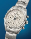 ROLEX. AN EXTREMELY RARE AND WELL PRESERVED STAINLESS STEEL CHRONOGRAPH TRIPLE CALENDAR WRISTWATCH WITH BRACELET
